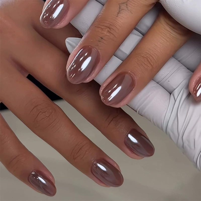 juggssa Short Press on Nails Oval Fake Nails Coffee Brown Acrylic Glue on Nails Almond Shape Magic Mirror Gel Acrylic Press on False Nail Kit Full Cover Reusable Stick on Nails for Women Girls 24PCS - Image 1